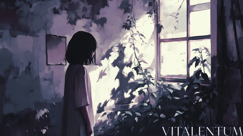 Silent girl watching overgrown window in pale morning light.
