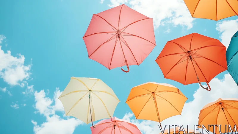 Colorful umbrellas float against a bright summer sky.