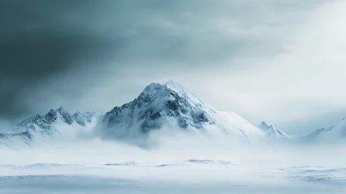 Silent frost titan rises through wind-scoured polar mist