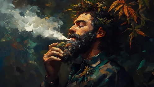 Bearded man smoking in foliage themed digital oil portrait.