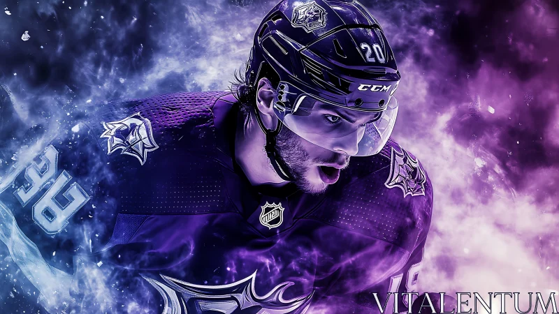 Dynamic violet-spectrum ice hockey portrait with particle bloom.