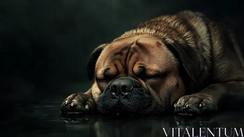 Sleeping brown dog on dark reflective surface at night.