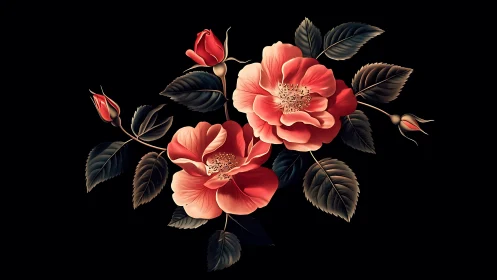 Coral Hybrid Tea Rose Arrangement with Dark Foliage. Digital botanical illustration.