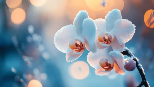 Frosted Orchid Blooms: Crystalline White Petals Against Warm Bokeh.
