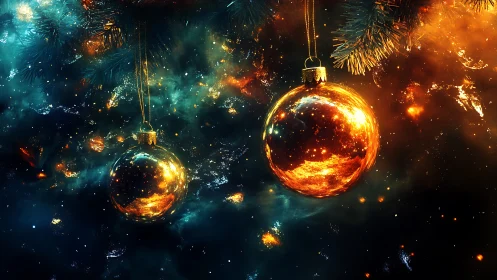 Luminous golden baubles glow like tiny stars in cosmic pine