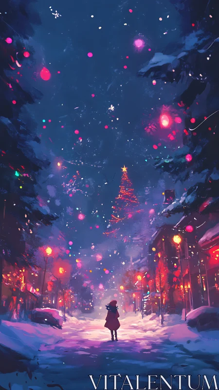 Snowlit child beneath a towering cosmic Christmas wonderland.
