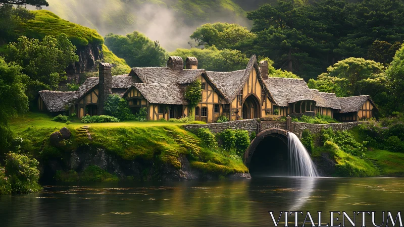Enchanted riverside manor beneath misty emerald hills.