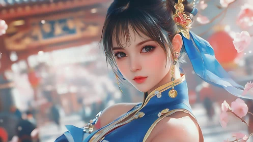 Spring market enchantress in blue silk and drifting petals.