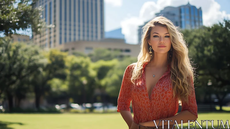 Confident woman stands in sunny urban park setting.