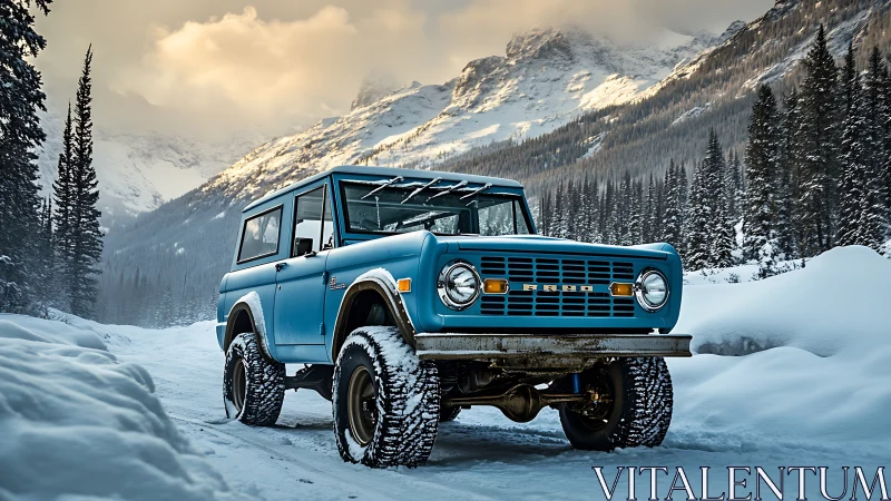 Vintage blue off-road truck conquers serene snowy pass
