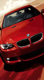Red BMW coupe surges forward under blazing desert sky.