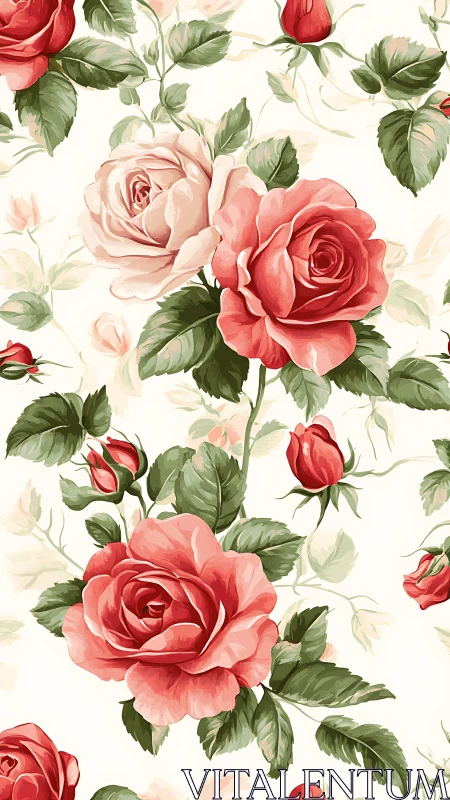 Garden Roses in Soft Botanical Illustration with Vibrant Blooms