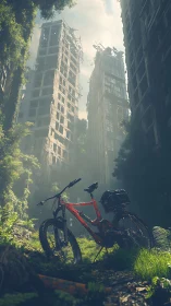 Red bicycle stands in overgrown corridor between ruined towers