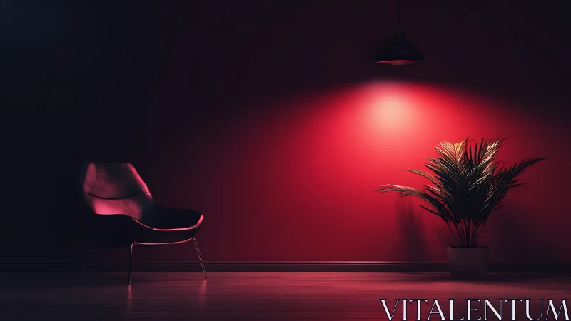 Crimson hush lounge with lone chair and spotlighted palm.