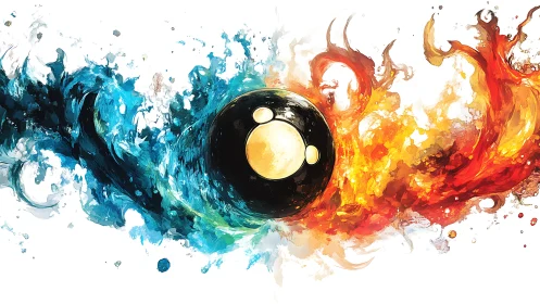 Fire and water swirl around a glowing orb in lively balance