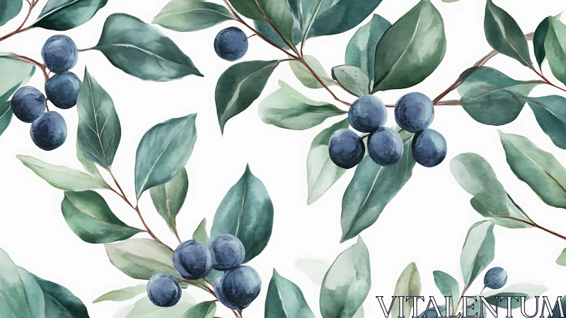 Watercolor blueberry branches form a fresh botanical pattern.