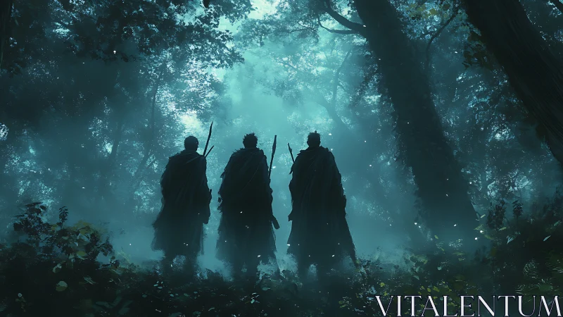 Three cloaked warriors enter misted teal forest at dawn.