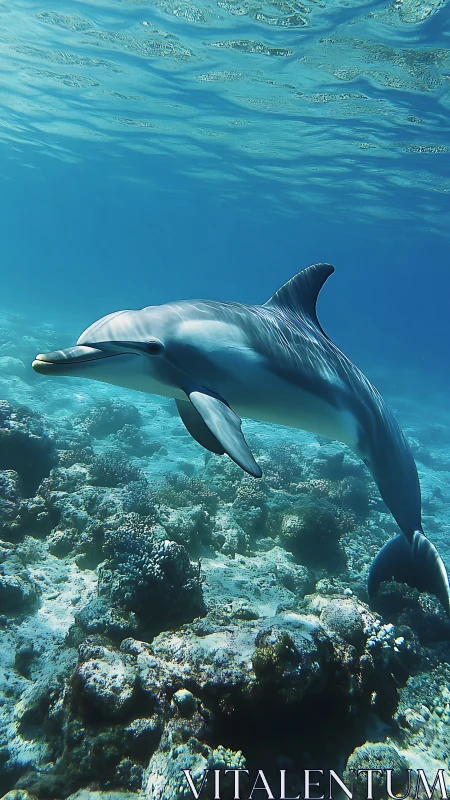 Solitary dolphin swimming above coral reef in clear water.