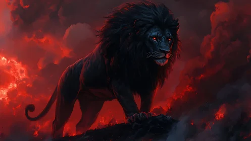 Dark lion stands against red illuminated smoke background
