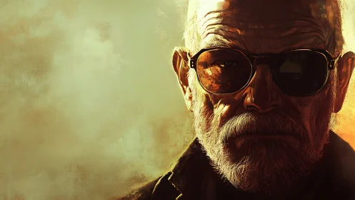 Weathered man in sunglasses framed by warm evening light.