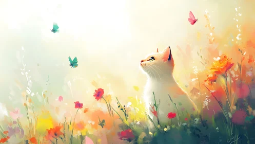 Dreaming Cat Amid Wildflowers and Butterflies in Watercolor.