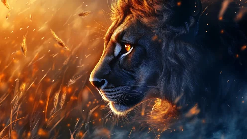 Lion profile in glowing orange and blue contrast field.