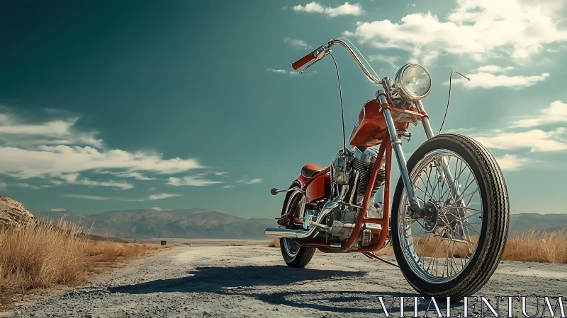 Custom red chopper motorcycle awaits adventure on desert road