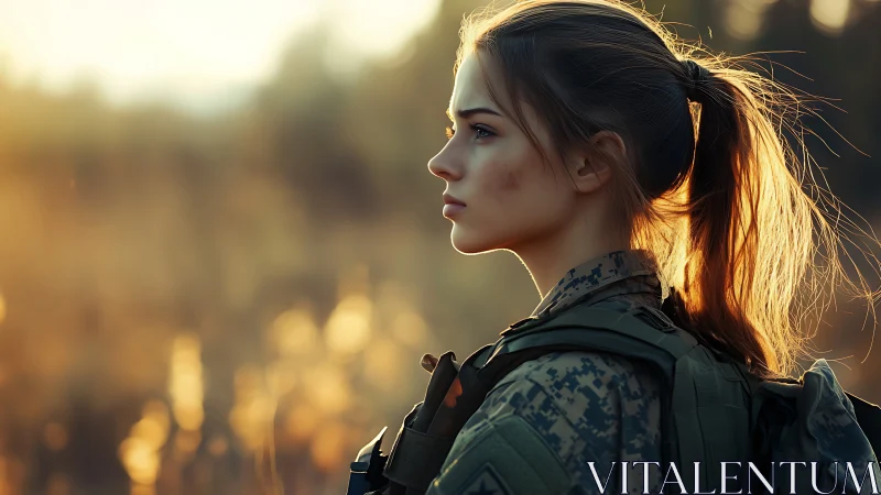 Young Female Soldier Outdoors in Dramatic Golden Hour Portrait.