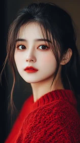 Portrait of young woman in red textured sweater, side view.