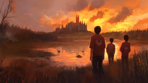 Three Young Adventurers Gaze Upon an Epic Fantasy Kingdom