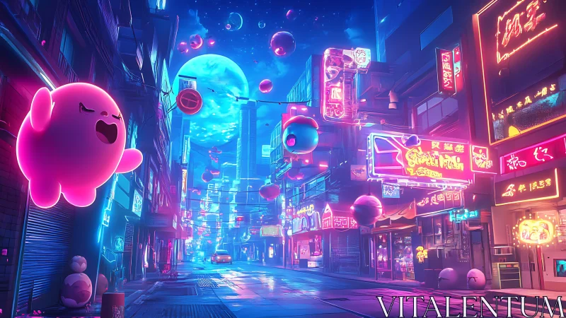 Neon city street shows glowing creatures floating under moon