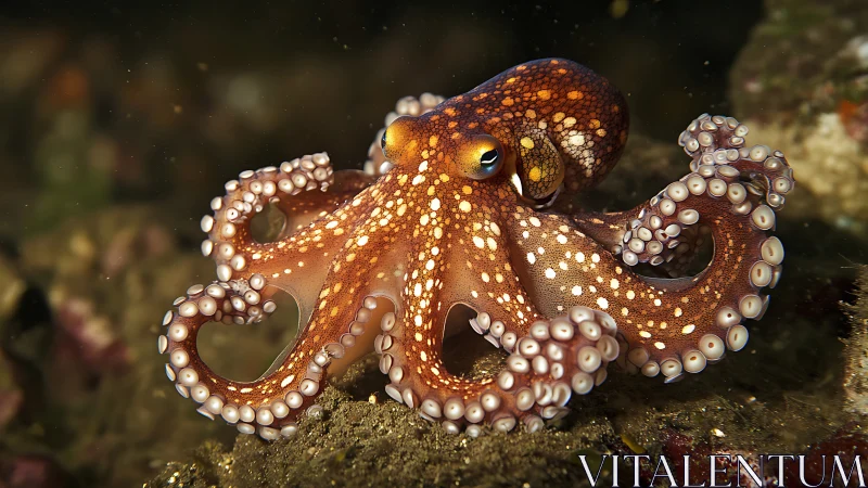 Vibrant reef octopus with curled tentacles in dark seabed.