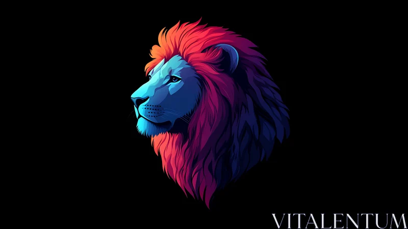Neon duotone lion profile in minimalist vector silhouette.