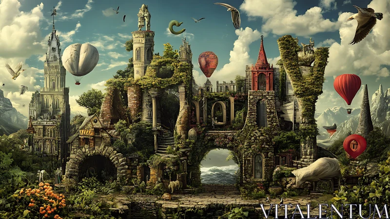 Surreal stone cityscape spelling LOVE with floating airships.