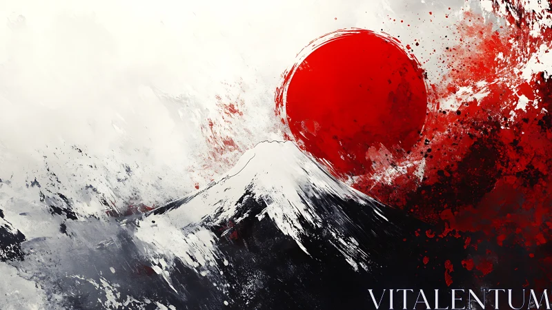 Abstract mountain and red sun rendered with bold paint strokes