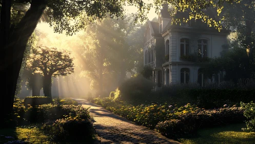 Morning sun rays illuminate elegant villa garden path