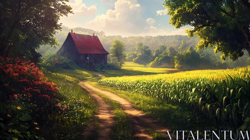 Sunlit cornfield path curling toward a red-roof daydream barn.
