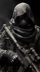Hooded tactical operator in gas mask grips carbine under low key lighting