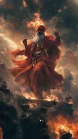 Fiery sage strides through storm-lit clouds of legend.