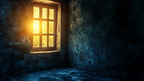Warm backlit window casts volumetric light into textured room