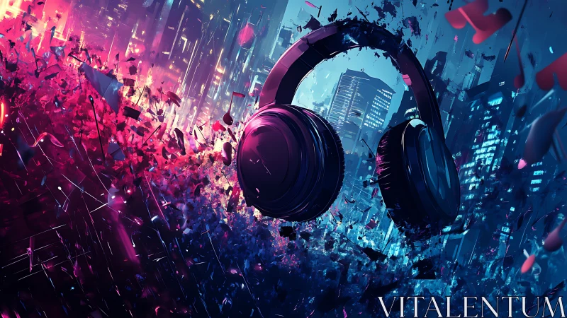 Neon headphones levitate in a fragmented cyberpunk cityscape