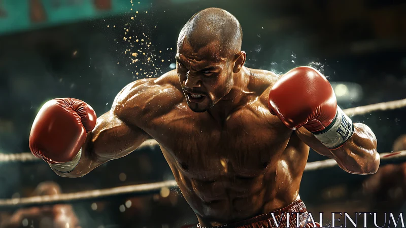 Champion boxer in red gloves delivers powerful strike in arena