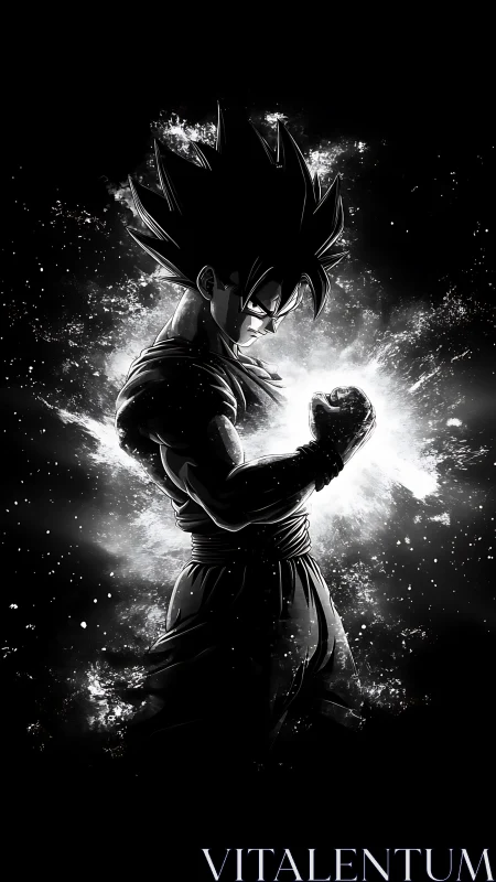 Monochrome energy warrior silhouette in explosive aura.