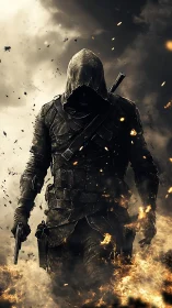 Hooded tactical operative advances through cinematic firestorm