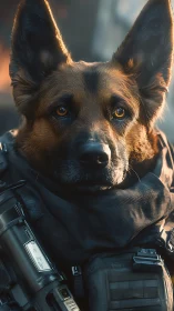 Tactical shepherd portrait under cinematic rim lighting.