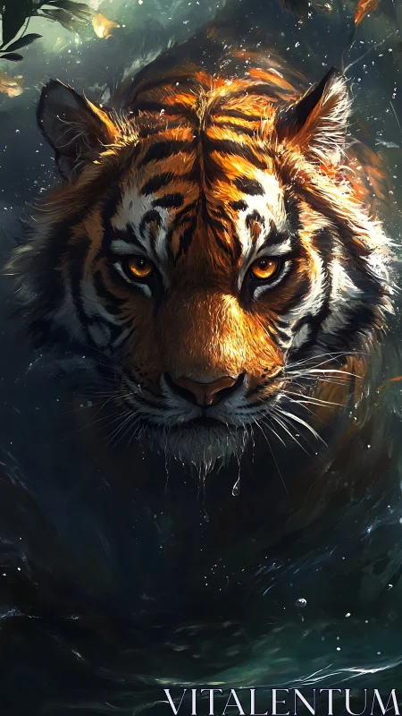 Tiger swimming forward under dramatic directional lighting