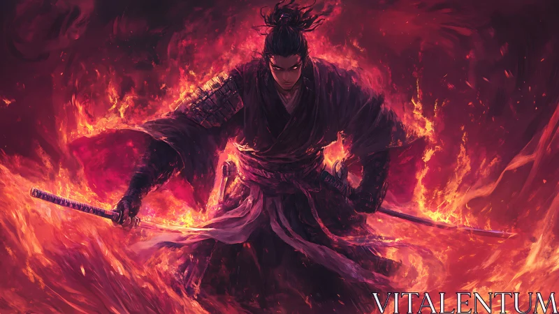 Lone samurai strides through roaring flames with twin blades
