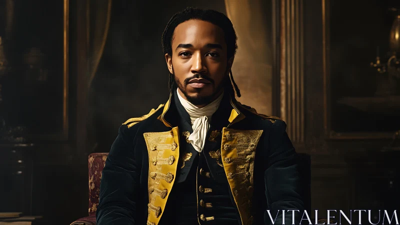 Regal officer portrait in gilded eighteenth century uniform.