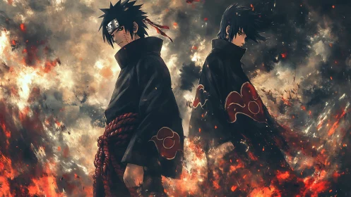 Dark anime warriors stride through blazing embers storm.