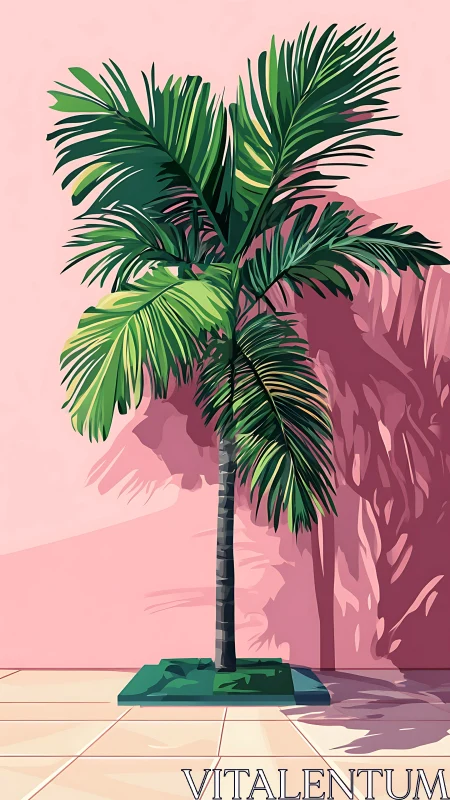 Sunlit palm swagger against a dreamy pink courtyard wall.